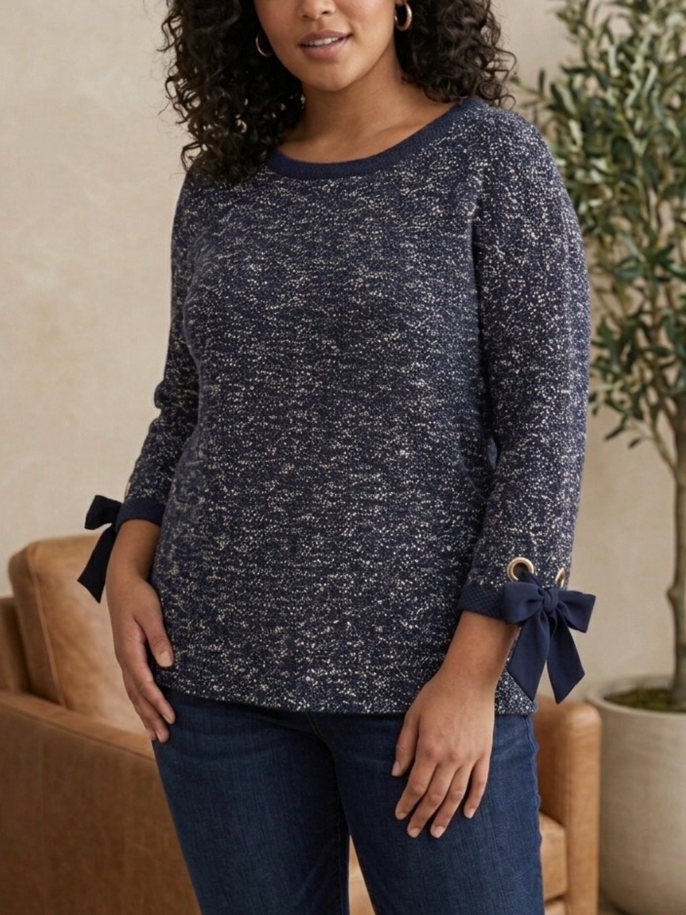 Charter Club Navy Blue Tweed Top with Bow Sleeves 2X